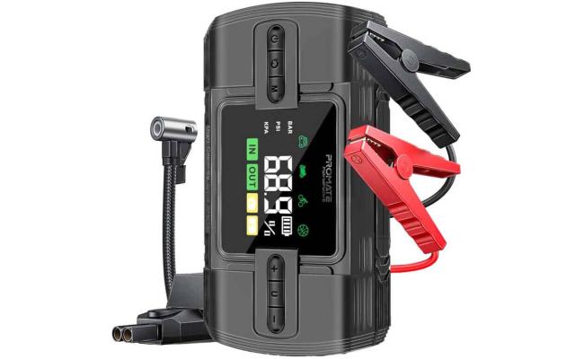 Promate PatrolPack-3 Jump Starter Power bank & Flashlight, 1200A/12V High-Capacity, 150PSI Air Compressor, 12000mAh, Fast Charging Ports, Automatic TPMS Function, Black